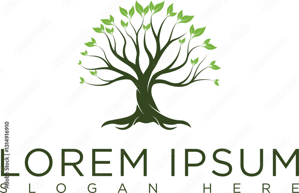 Obraz premium Minimalist tree logo green tree with elegant silhouette and leaves symbolizes growth, eternity of life and balance of nature. Modern design, suitable for eco-friendly business, organic farming