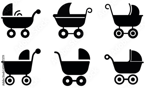 This image features a set of six simple, black silhouette icons of baby strollers.