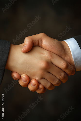 Two professionals in suits shaking hands against a dark backdrop, symbolizing agreement, trust, and formal business collaboration.