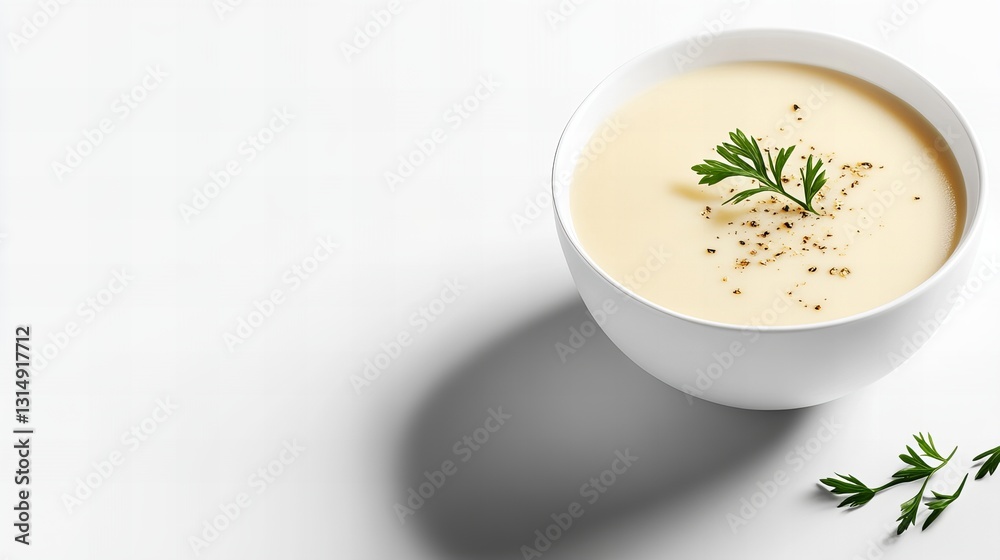 Creamy soup in a white bowl, garnished with fresh herbs. A simple, elegant presentation. Creamy soup in a white bowl, garnished with fresh herbs. A simple, elegant presentation.