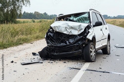 A severely damaged car rests on the roadside, highlighting the aftermath of a traffic accident in a rural setting.
