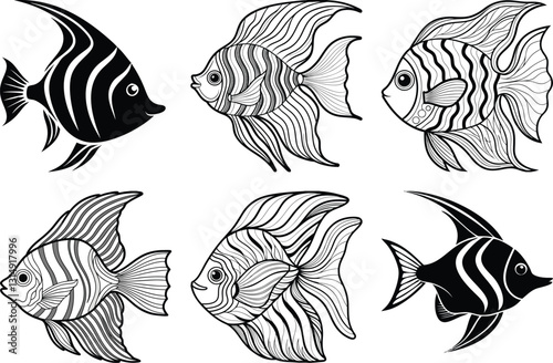 Black and White Angelfish Vector Illustration: Set of Six Stylized Tropical Fish Graphics for Design, Art, and Creative Projects