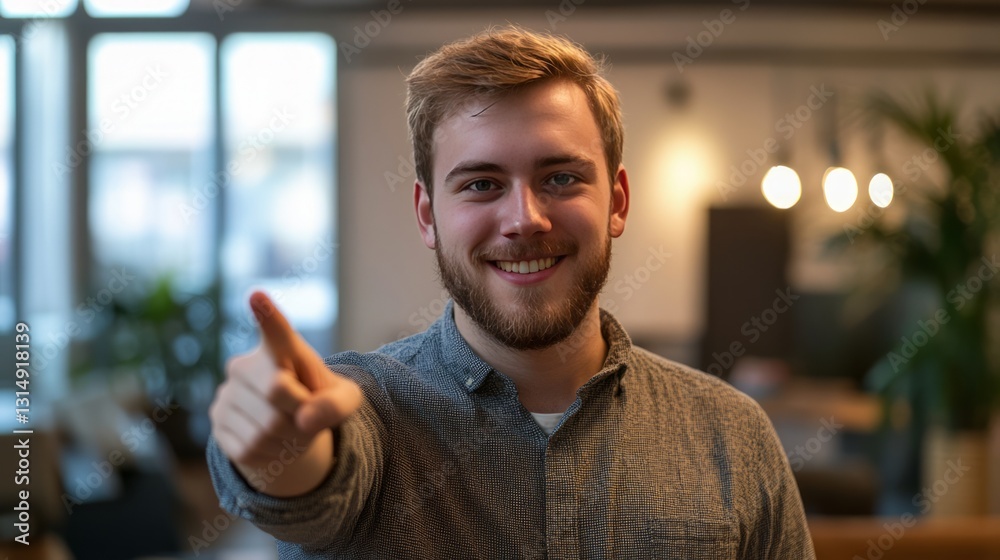 Naklejka premium Professional man with a warm smile pointing at you, blurred office backdrop 
