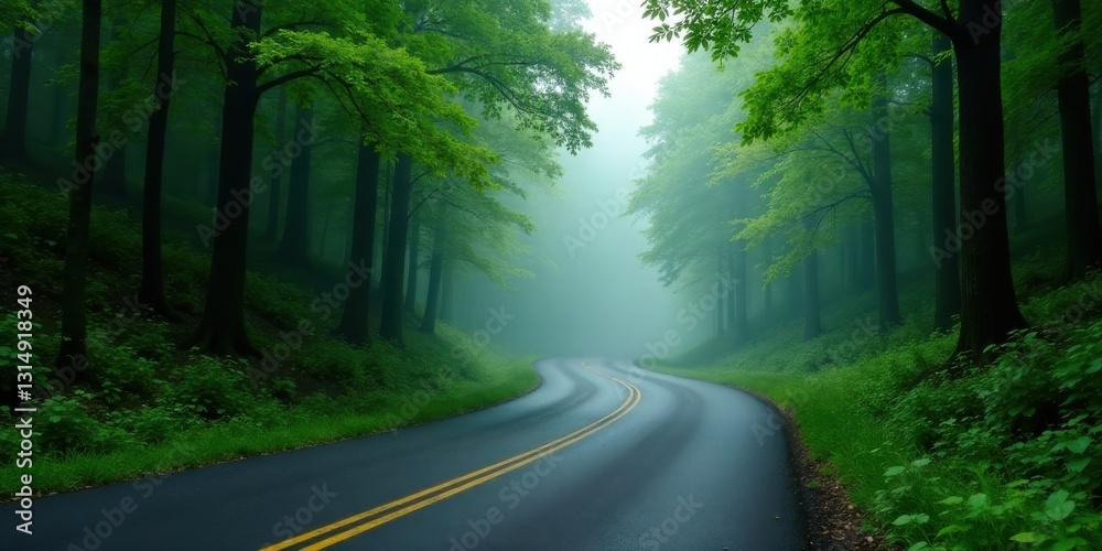 Fototapeta premium Serene Winding Road Through a Misty Green Forest, a Journey into Tranquil Nature