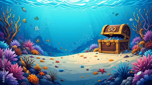 Cartoon underwater landscape. Pirate treasure chest, fish shoal and seaweeds on sand bottom of ocean coral reef. Blue sea waves vector game background, tropical fish, starfish, seahorse and seashell