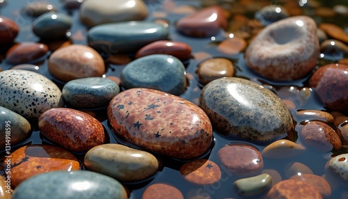 colorful polished river stones, crystal-clear water, vibrant reflections, natural sunlight, ultra-high-definition clarity