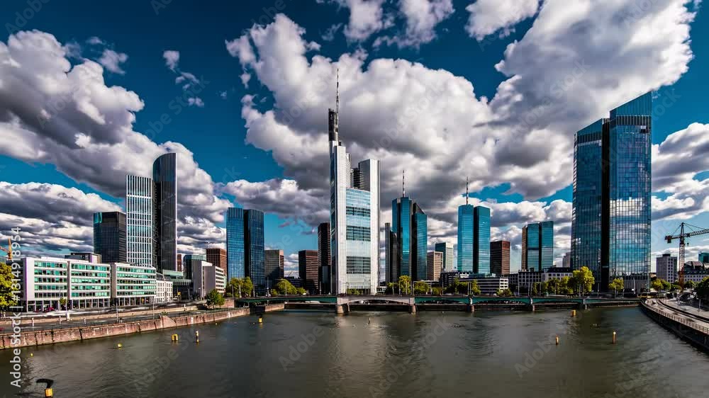 Frankfurt skyline with dramatic clouds and river reflections during the day Frankfurt skyline with dramatic clouds and river reflections during the day