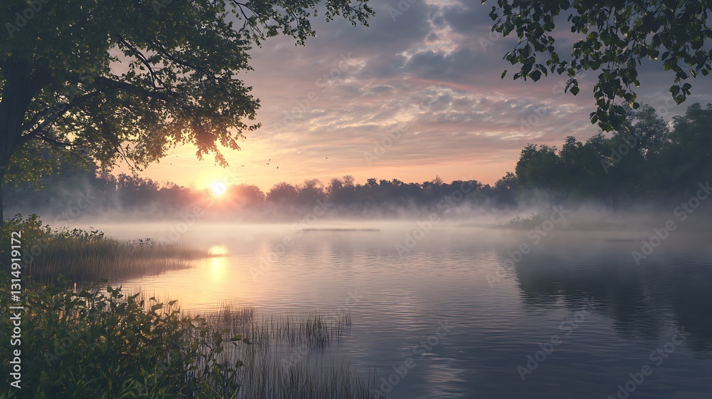Fototapeta premium Serene lakeside view at sunrise with mist and lush greenery.