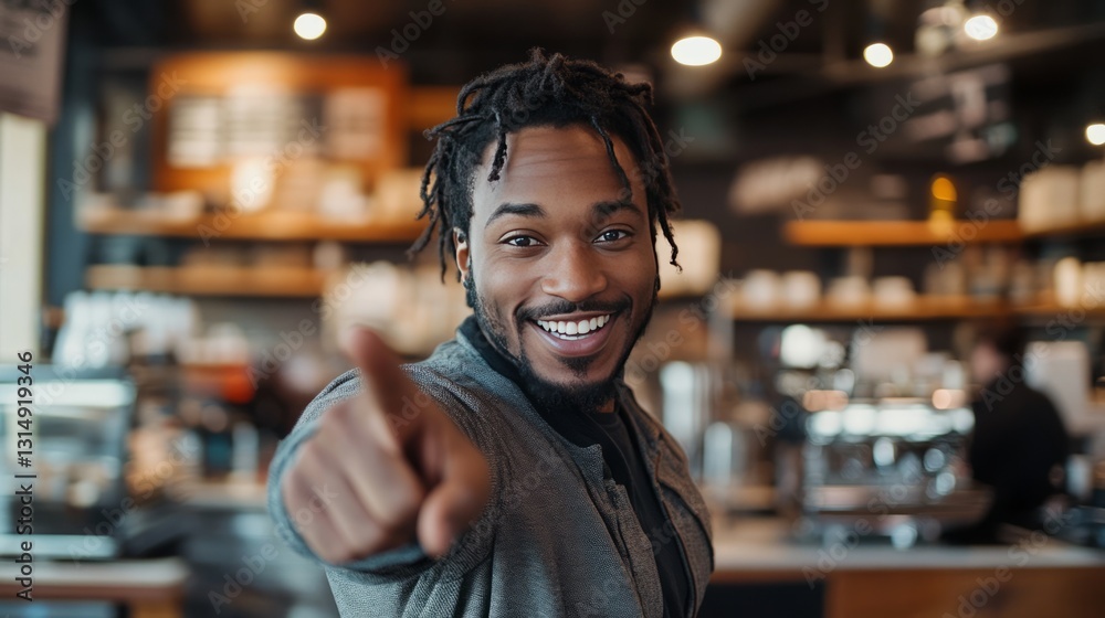 Fototapeta premium Smiling man pointing at the viewer, warm coffee shop setting in the background