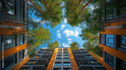 Urban courtyard, trees, apartments, sunny day photo