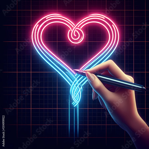Glowing Neon Heart with Elegant Curves Being Drawn on a Dark Grid Background