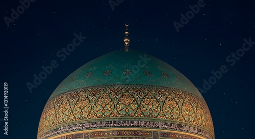 Stunning teal mosque dome under night sky starry detailed architecture art gold blue stars islam