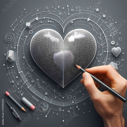 Hand Drawing a Futuristic Metallic Heart with Digital Circuit Elements