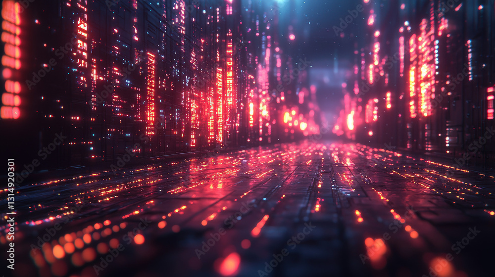 Naklejka premium Dynamic neon cityscape futuristic environment digital art urban landscape perspective technology vision