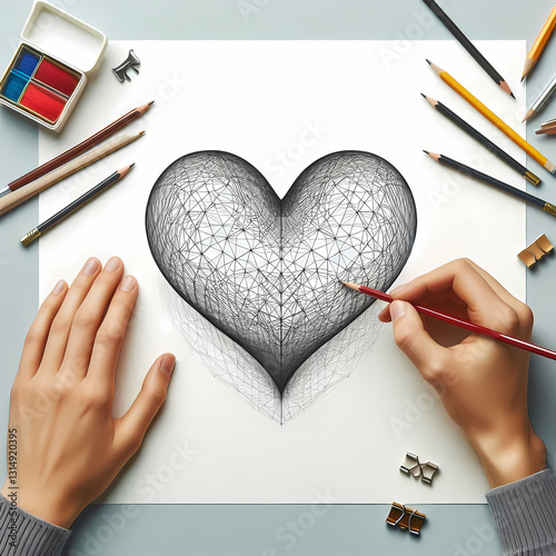 Realistic Hand Sketching a Heart with Pencil on a White Paper
