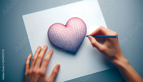 Two Hands Holding and Sketching a 3D Wireframe Heart on a Blue Background