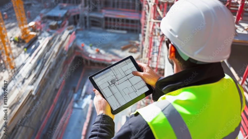 Naklejka premium Architectural rendering displayed on a tablet at a construction site.