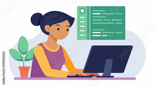 With a look of determination on her face a teenage girl carefully debugs a program she wrote during a coding workshop determined to make it run smoothly.. Vector illustration