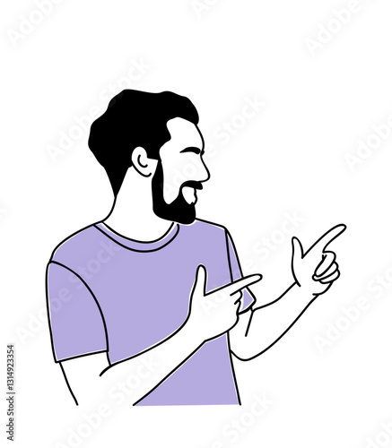 Business person pointing with fingers to the side. Businessman showing direction with hand gesture. Outline hand drawn vector illustration isolated