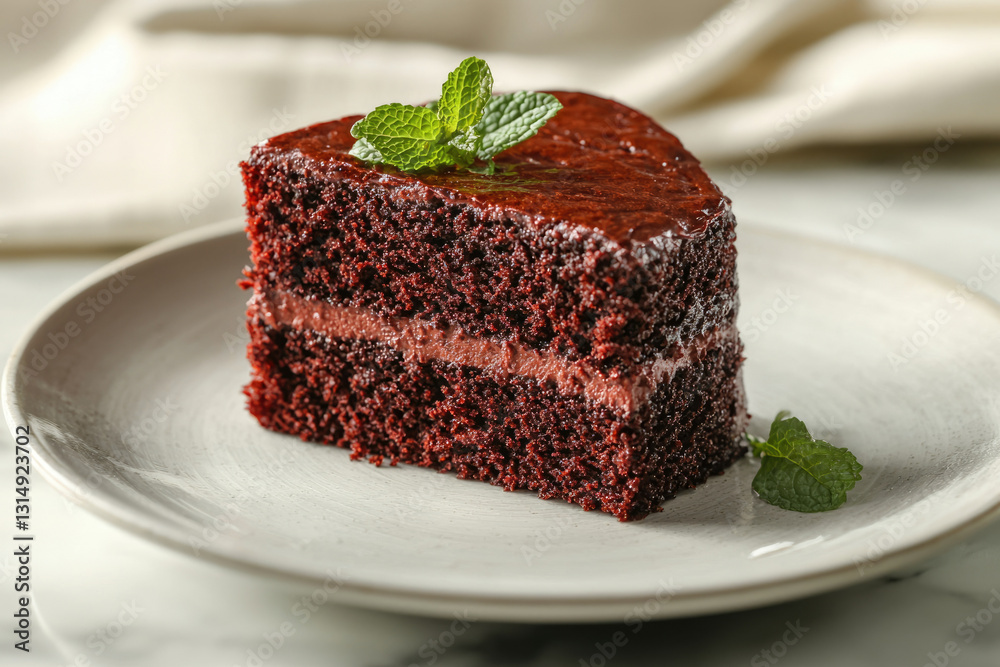 A delicious slice of moist chocolate cake, layered with rich frosting, garnished with fresh mint. A delicious slice of moist chocolate cake, layered with rich frosting, garnished with fresh mint.