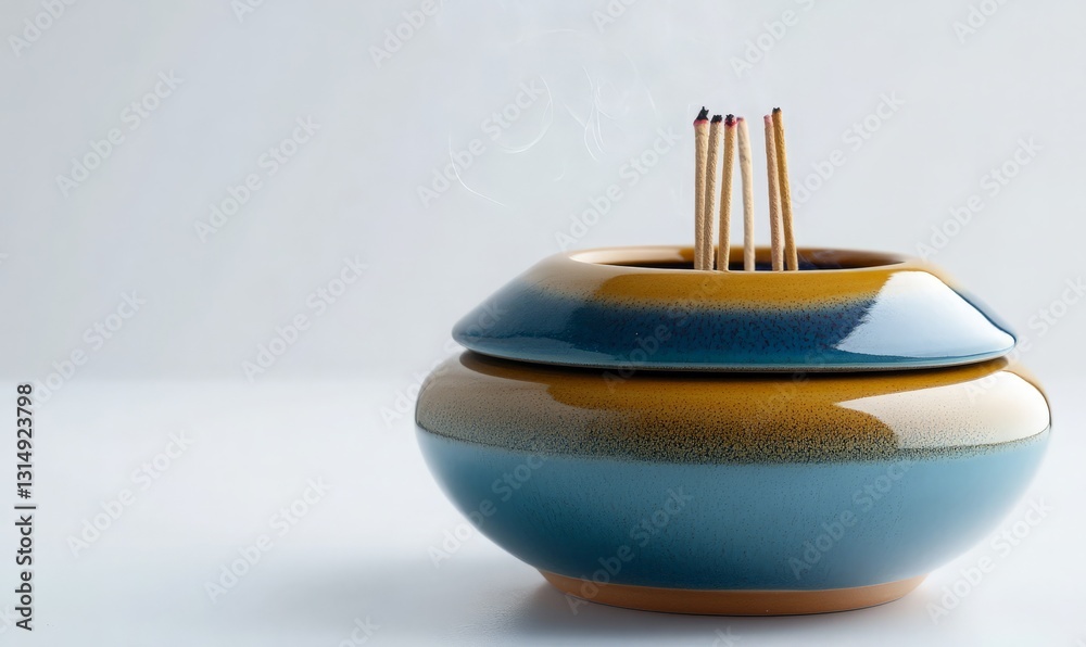 Ceramic Incense Holder with Burning Sticks on Minimalist Surface - A Serene and Aesthetic Display for Relaxation and Mindfulness in Contemporary Home Decor. Ceramic Incense Holder with Burning Sticks on Minimalist Surface - A Serene and Aesthetic Display for Relaxation and Mindfulness in Contemporary Home Decor.