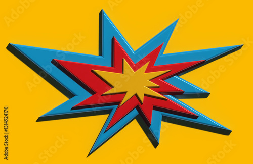 Starry explosive multicolored boom on yellow background, 3D rendering illustration
