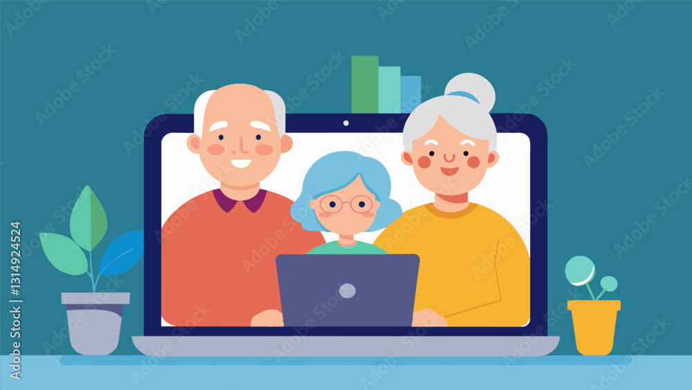 An elderly couple sitting side by side engrossed in a video call with their grandchildren on their tablet.. Vector illustration An elderly couple sitting side by side engrossed in a video call with their grandchildren on their tablet.. Vector illustration