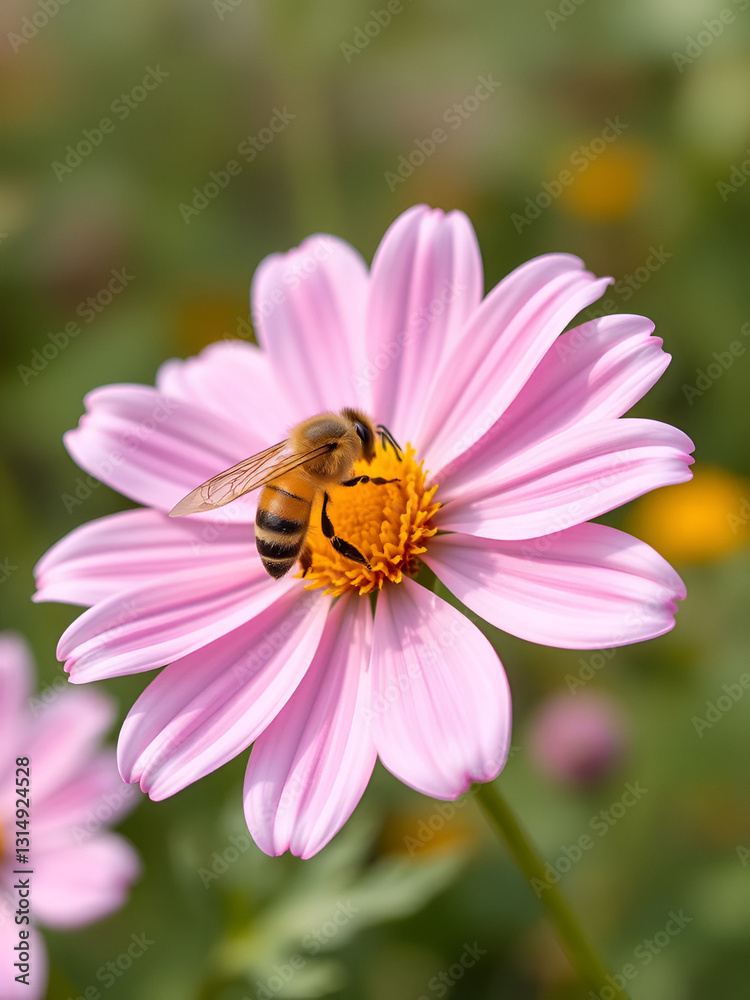 Bee collect pollen from pink flower (Cosmos bipinnatus). Close-up. Side view. Beautiful simple AI generated image
