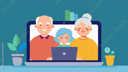 An elderly couple sitting side by side engrossed in a video call with their grandchildren on their tablet.. Vector illustration