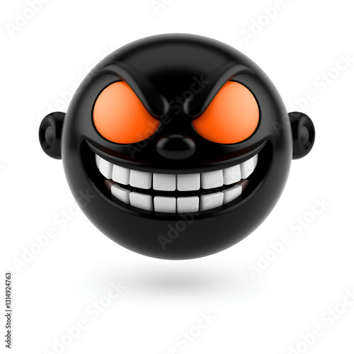 A 3D black emoji with a wide grin and sharp teeth, representing mischievousness or a playful dark side, on a white background