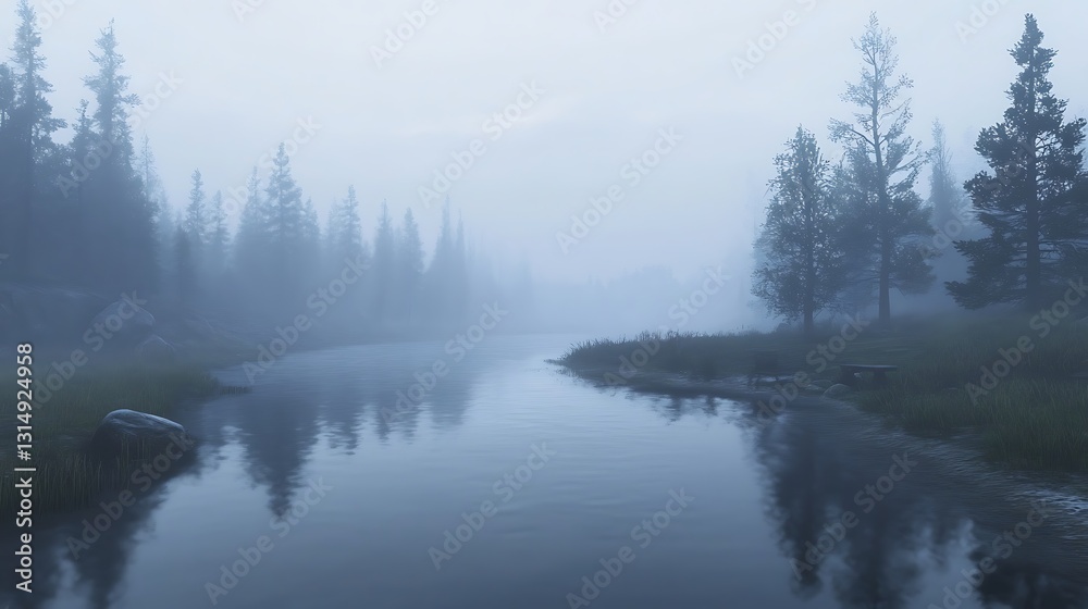 A serene river scene shrouded in mist, surrounded by trees and calm waters. A serene river scene shrouded in mist, surrounded by trees and calm waters.