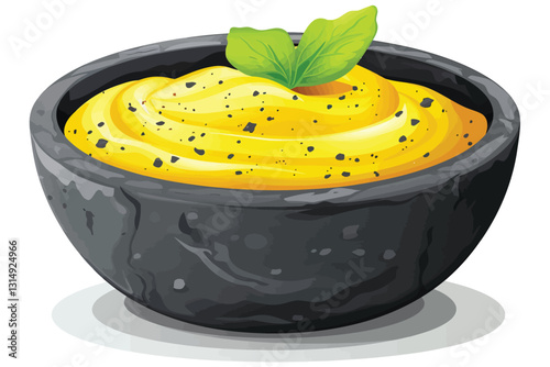 Yellow Mustard in stone bowl isolated