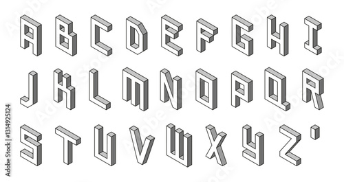 Monochrome isometric alphabet with apostrophe symbol.