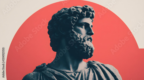 Greek sculpture of an old stoic man, roman god statue with colorful geometric shapes on the background