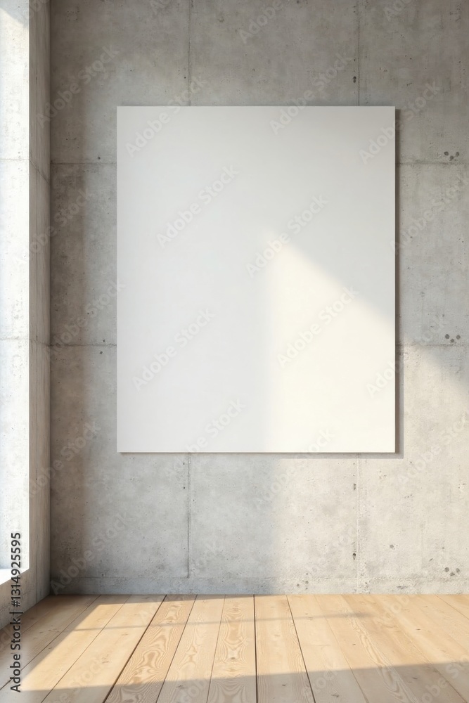 Blank Canvas on a Concrete Wall in a Sunlit Room with Light Wood Flooring Blank Canvas on a Concrete Wall in a Sunlit Room with Light Wood Flooring