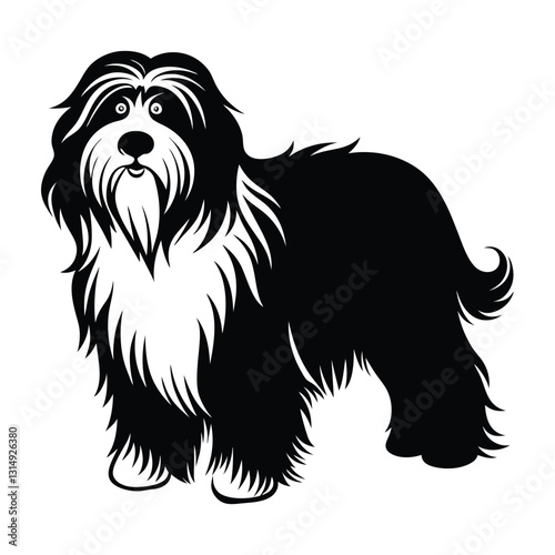 Old English Sheepdog Standing with Thick Shaggy Fur Silhouette on White Background