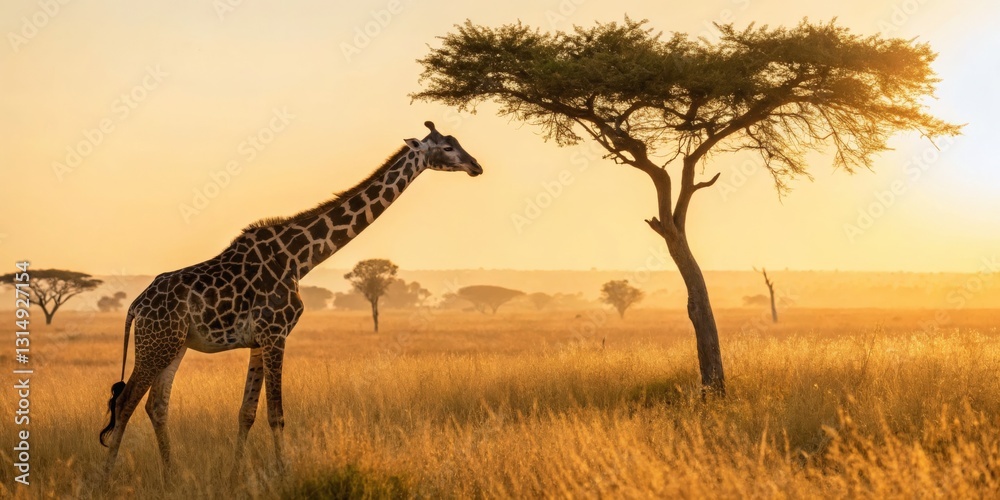 Fototapeta premium Giraffe grazing at sunset in the african savannah wildlife photography natural habitat serene landscape wide-angle view