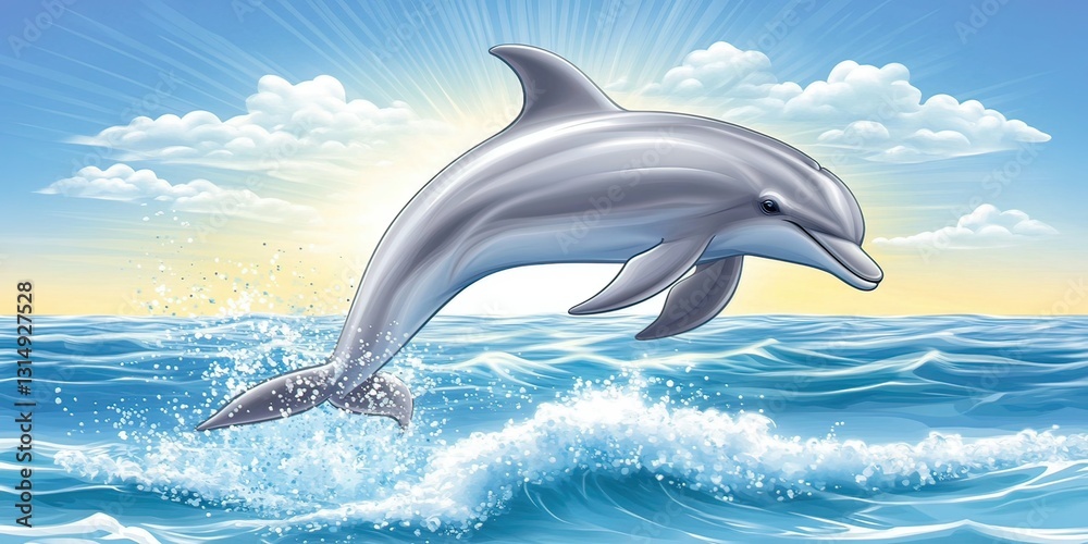 Fototapeta premium Dolphin leaping in ocean waves at sunrise nature illustration bright viewpoint