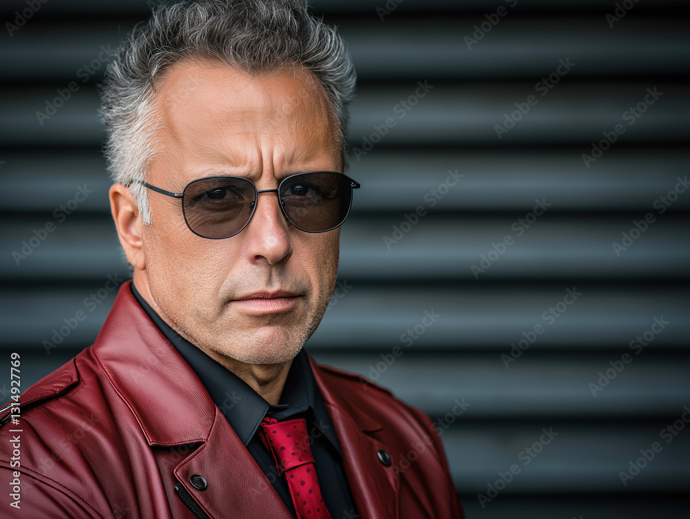Fototapeta premium Mature caucasian male in red leather jacket and sunglasses against dark background