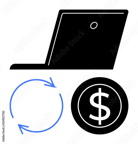 Laptop silhouette with rotating arrows and coin representing payments, digital finance, and subscriptions. Ideal for technology, finance, e-commerce, automation, budgeting, workflow and online