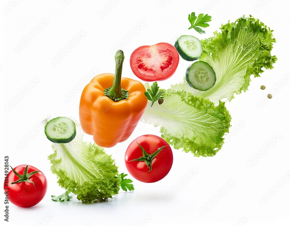lettuce leaves parsley cut cucumber bell peppers and tomatoes falling on white background lettuce leaves parsley cut cucumber bell peppers and tomatoes falling on white background