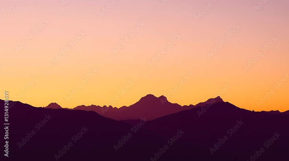Painterly Mountain Range Silhouette at Dawn with Orange and Purple Gradient Background Painterly Mountain Range Silhouette at Dawn with Orange and Purple Gradient Background
