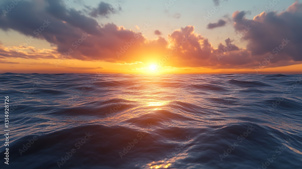 Obraz premium A serene sunset over the ocean, casting warm hues across gentle waves.