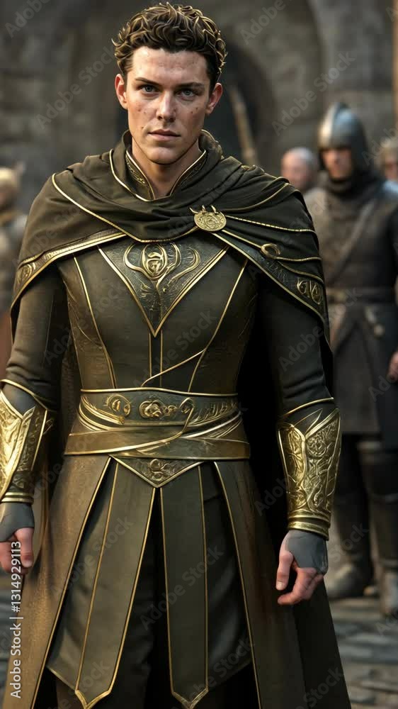 Regal figure in elaborate armor stands confidently amidst a gathering in a medieval setting during a ceremonial event Regal figure in elaborate armor stands confidently amidst a gathering in a medieval setting during a ceremonial event