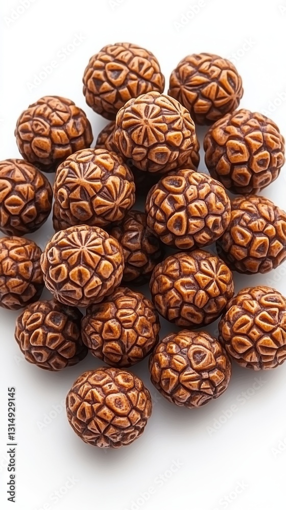 Heap of Intricate Wooden Carved Balls on White Backdrop Displaying Detailed Texture and Pattern in Warm Brown Tones Perfect for Crafting and Design Heap of Intricate Wooden Carved Balls on White Backdrop Displaying Detailed Texture and Pattern in Warm Brown Tones Perfect for Crafting and Design