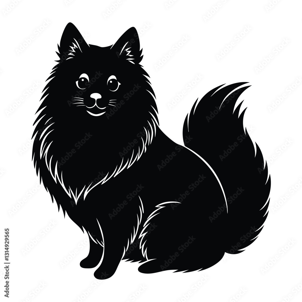 Obraz premium Pomeranian Sitting with Bushy Tail Curled Over Back Silhouette for Pet Stock
