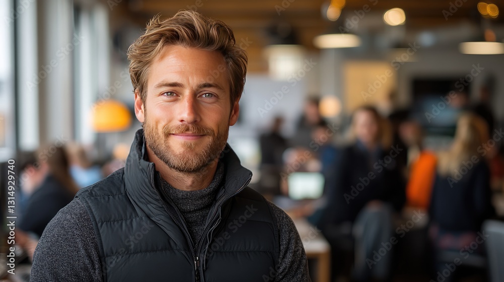 Fototapeta premium A smiling young man with short, curly hair stands in a modern office space, wearing a dark vest over a light sweater.