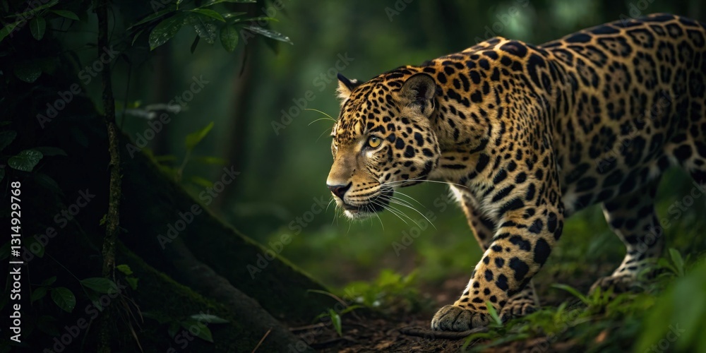 Naklejka premium Leopard in motion tropical rainforest wildlife photography dense foliage close-up nature's majesty