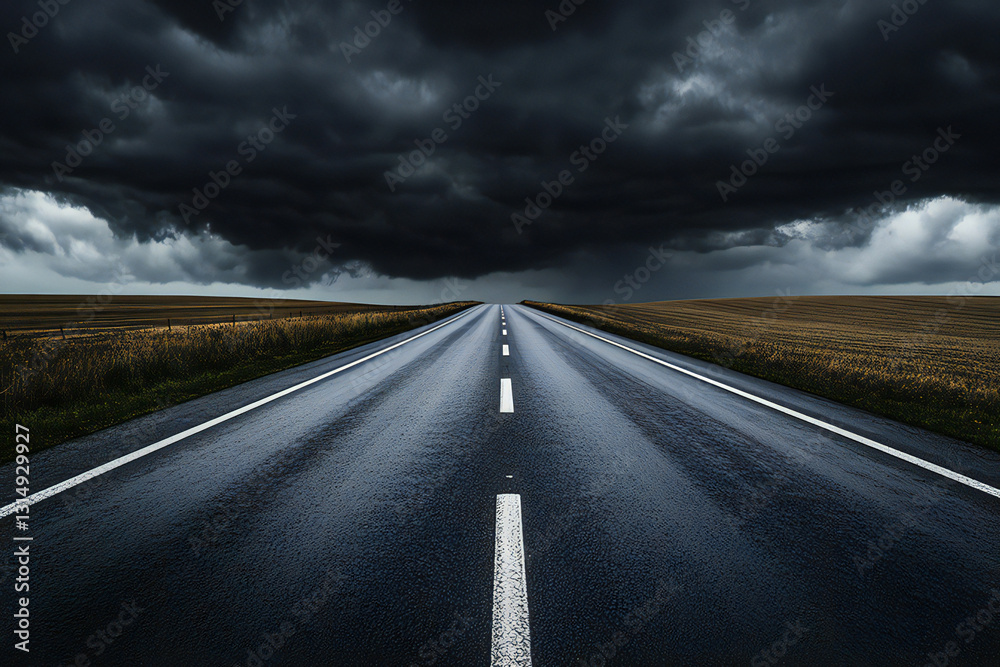Naklejka premium Endless Road to the Horizon Under a Stormy Sky