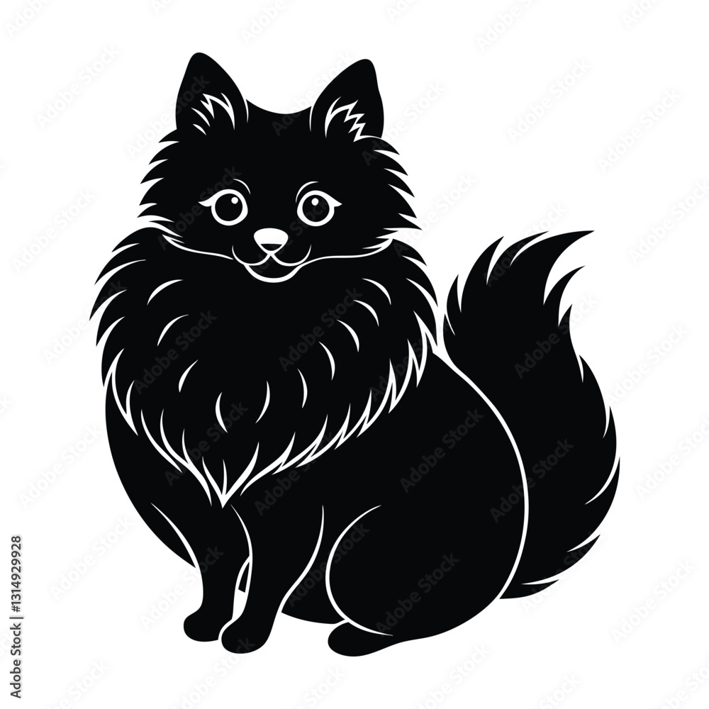 Obraz premium Pomeranian Sitting with Bushy Tail Curled Over Back Silhouette for Stock Illustration